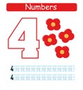 Coloring printable worksheet for kindergarten and preschool. Learn and train to write numbers. Four.